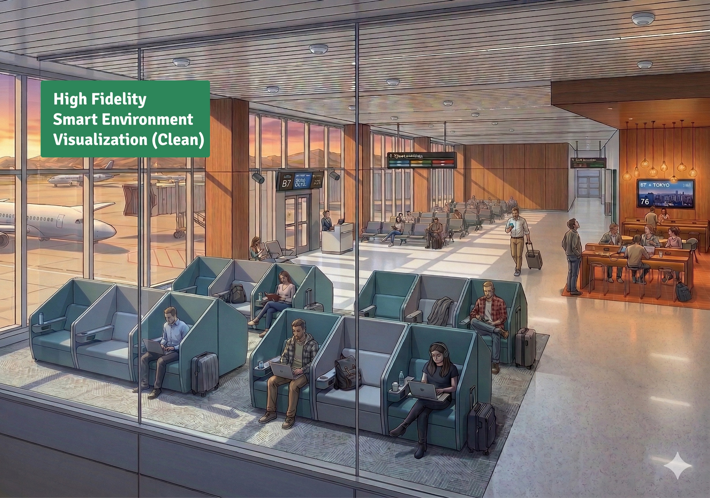 Clean render of the smart environment: the Quiet Zone pods, Standard rows, and Social Zone tables at gate B7 with no annotations.